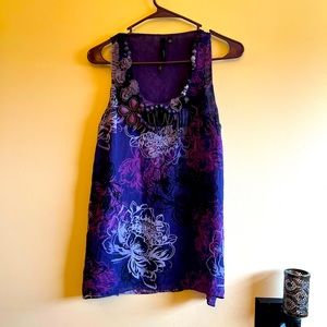 Womans medium purple floral sheer tank top made by Bellatrix, round neck, spring